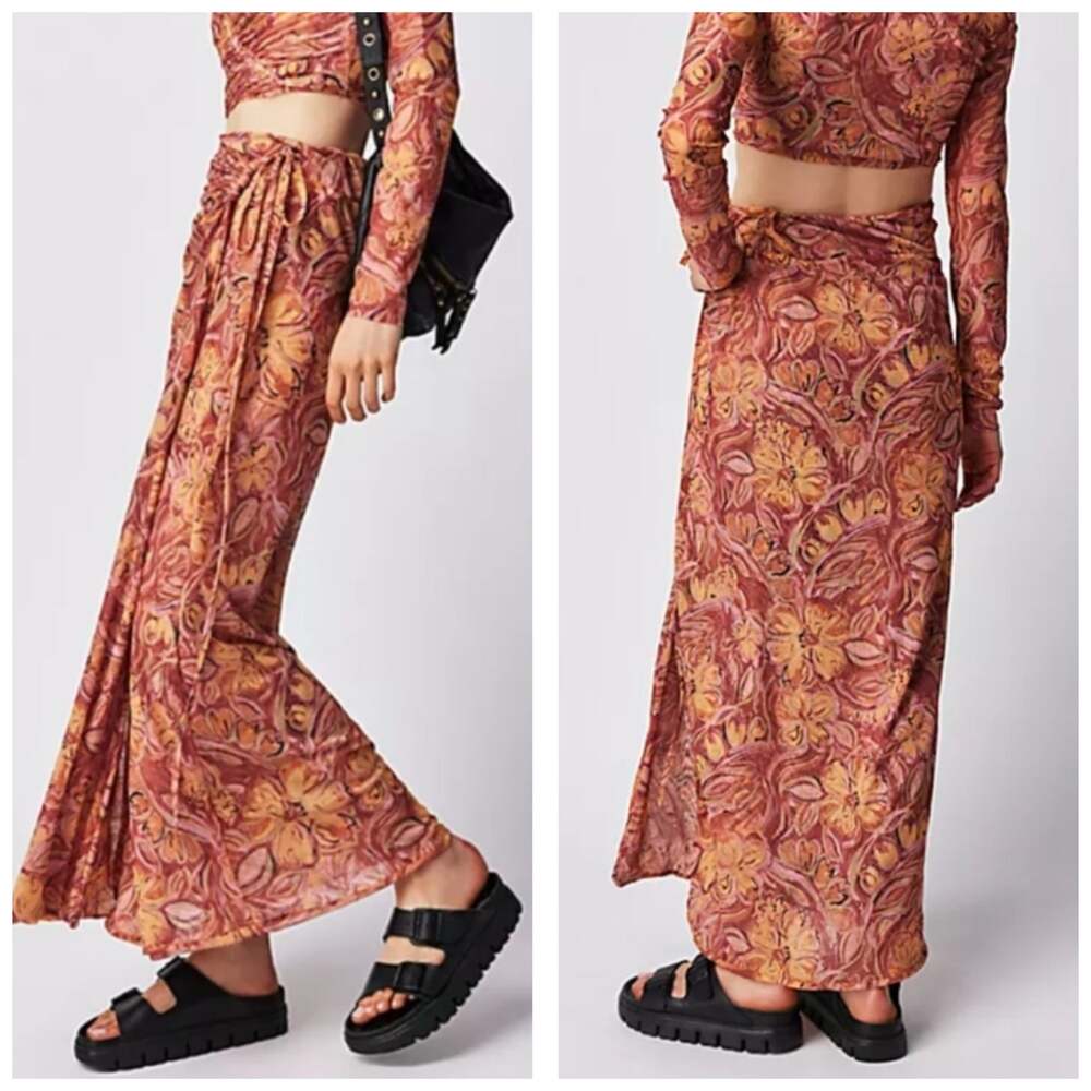 Free People Supernova Maxi Skirt Mesh Wrap Abstract Floral Print Boho